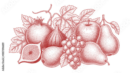 Red dot art illustration of a bunch of fruit and leaves