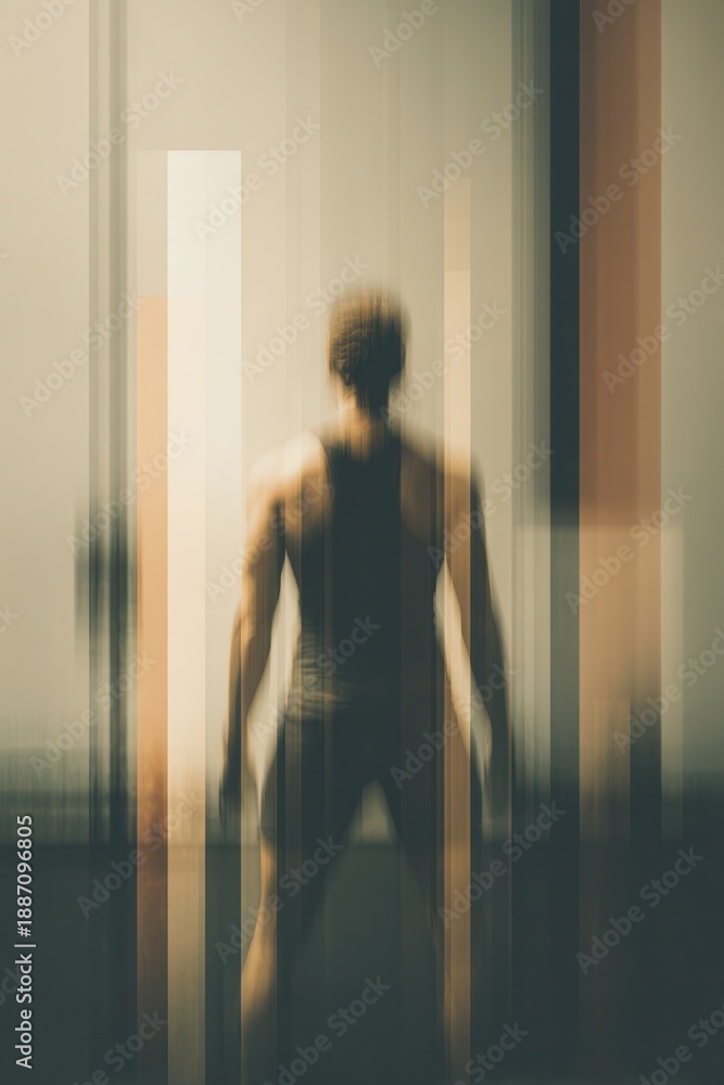 Obraz premium Abstract strength concept, middle aged female athlete framed behind vertical light beams, geometric composition, modern cinematic sports branding style