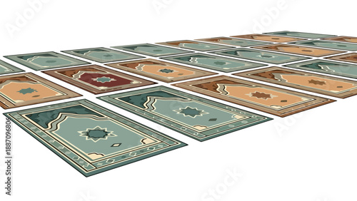 Rows of Islamic Prayer Rugs in Various Colors on White Background Muslim religion