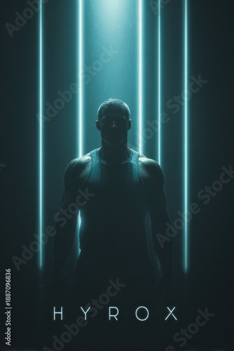 Abstract strength concept, middle aged male athlete framed behind vertical light beams, Neon 