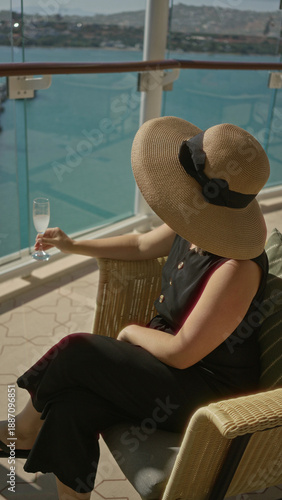 Bild auf Leinwand Woman wearing widebrim hat holds a wine glass on a building terrace, seated in wicker chair by glass rail overlooking sea; relaxation
