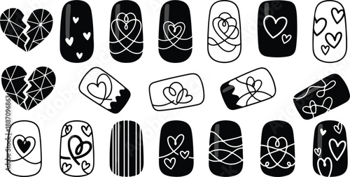 Stylish black valentines nails design set showcasing diverse heart patterns and elegant line art for festive manicure ideas