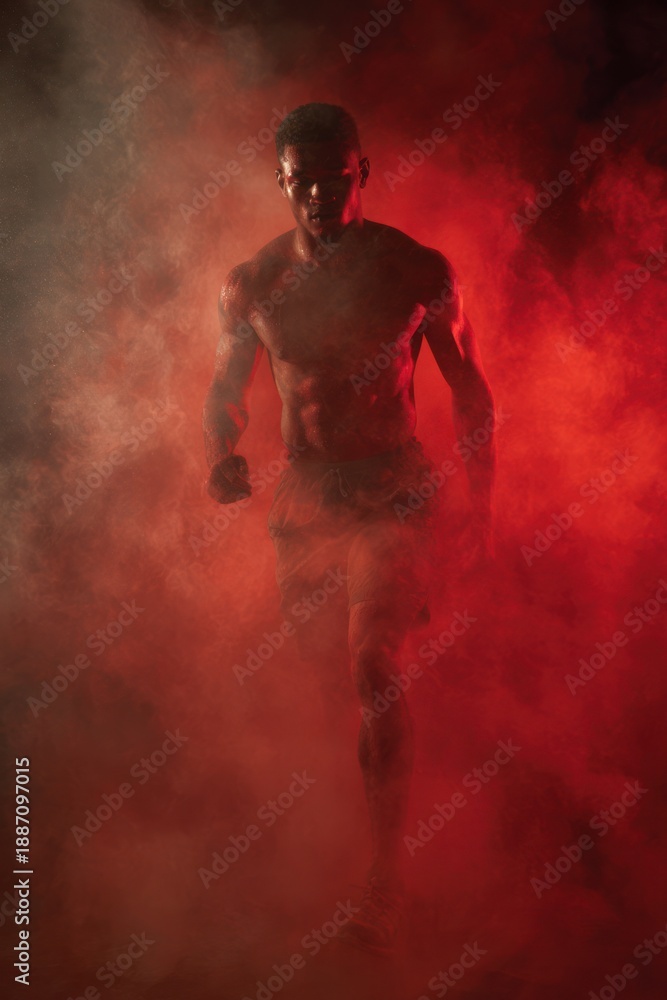Fototapeta premium male athlete walking forward through smoke, carrying unseen weight, determination theme, dramatic sports lighting 