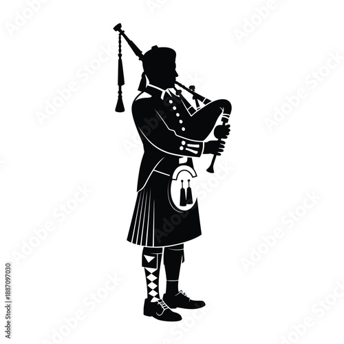 Silhouette of a bagpiper playing traditional scottish music in profile