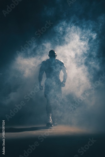 male athlete walking forward through smoke, carrying unseen weight, determination theme, dramatic sports lighting 