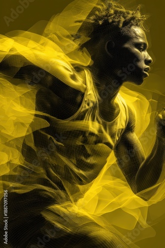 Athlete pushing against strong artificial wind, clothing and hair in motion, resistance and mental strength symbolism. Abstract layers