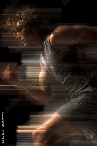 Athlete pushing against strong artificial wind, clothing and hair in motion, resistance and mental strength symbolism. Abstract layers