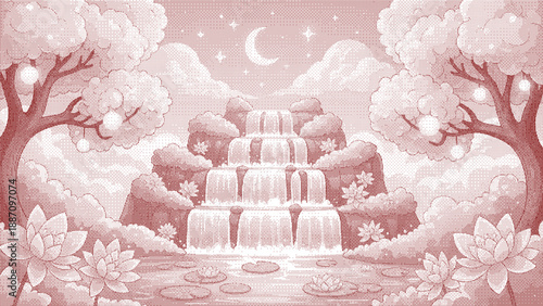 A red and white pixelated landscape with trees and a background