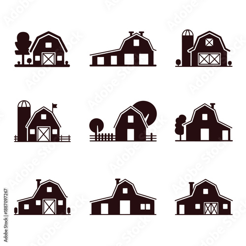 Collection of farm buildings barns silos and rural architecture icons