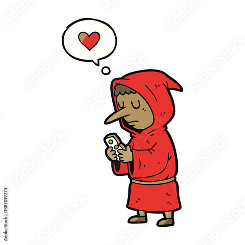 Cartoon character in red hoodie using mobile phone