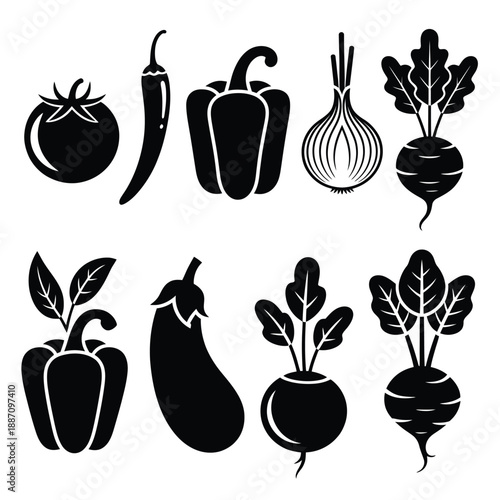 Black silhouettes of various garden vegetables and leafy greens displayed