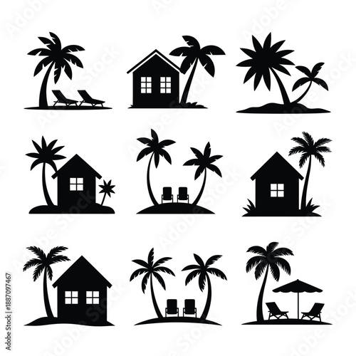 Tropical island silhouettes with palm trees houses and beach furniture