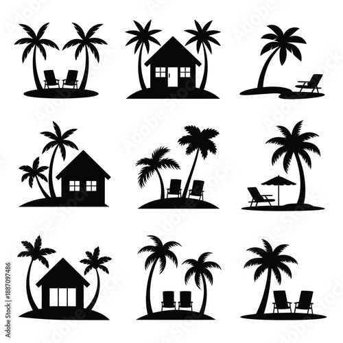 Tropical island silhouettes with palm trees huts and lounge chairs
