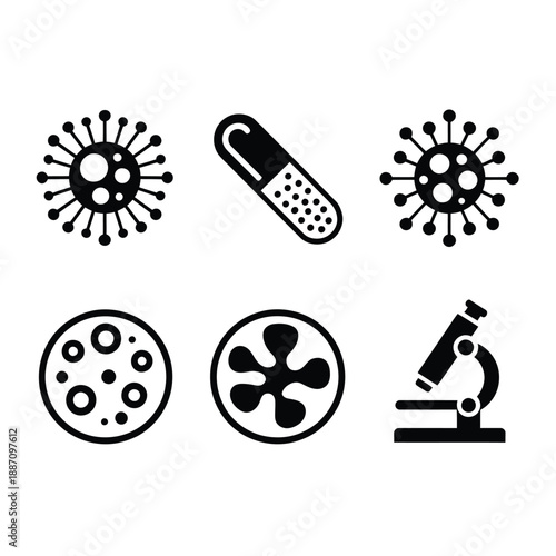 Medical icons depicting viruses pills bacteria and laboratory equipment