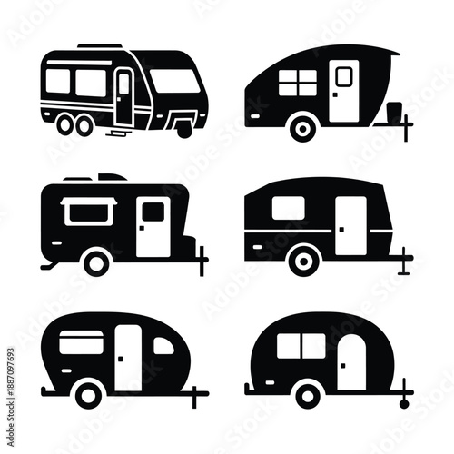Simple black and white icons depicting various travel trailer and camper designs