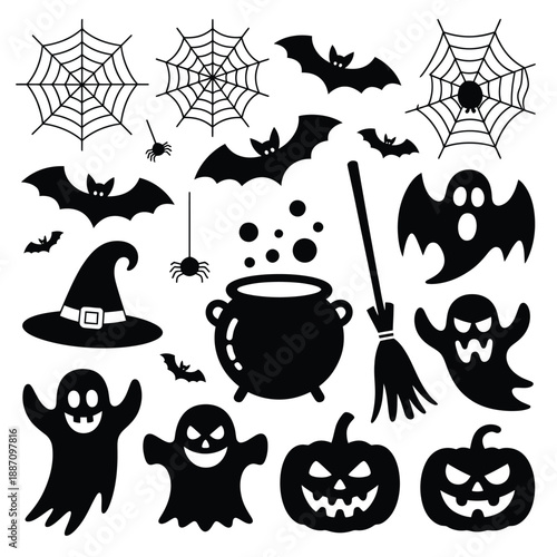 Halloween decorations featuring ghosts bats spiders and a witch s brew