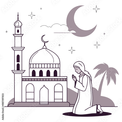 Muslim woman praying at mosque during Ramadan under crescent moon