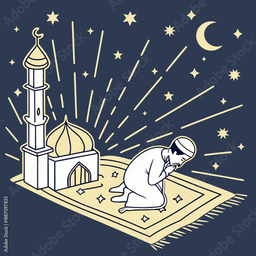 Man praying at mosque during Ramadan night under stars