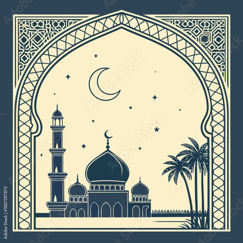 Beautiful mosque under starry night sky with crescent moon