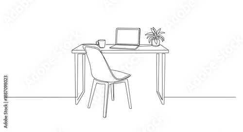 line drawing of desk with laptop computer and chair in a minimalist office setting