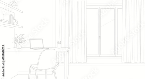 line drawing of a home office with a desk laptop and chair in a minimalist style