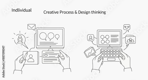 line drawing of a person designing on a computer with creative process and a person designing on a laptop with design thinking