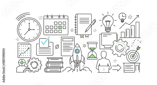 Collection of business and productivity related icons and symbols for planning and strategy