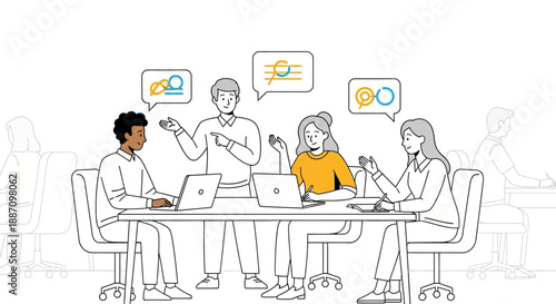 Diverse group of people collaborating and discussing ideas in a meeting room with laptops  teamwork and communication concept