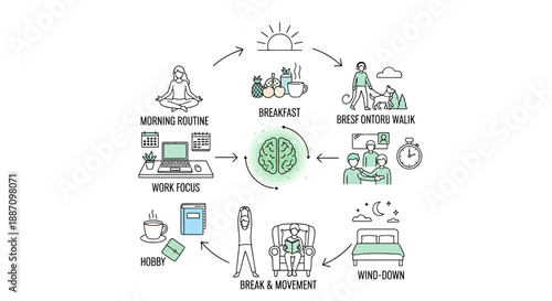 infographic illustrating daily routine and activities for a healthy lifestyle one day