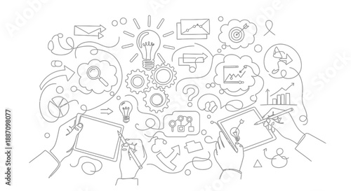 line drawing of business concepts and hands holding devices  business and technology