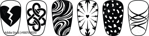 Graphic black valentines nails art set diverse nail patterns with hearts, knots, and swirls for unique styling