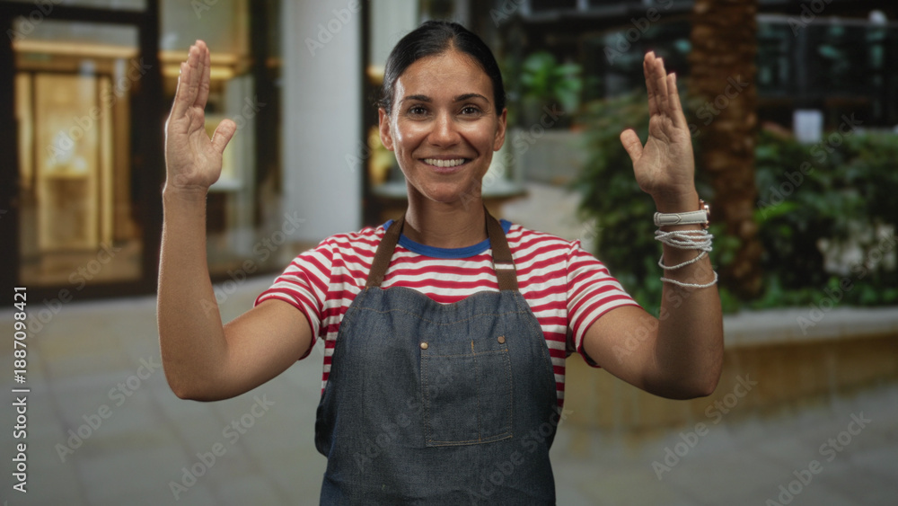 Naklejka premium Woman hands raised facing camera on a street in front of shops wearing apron and striped shirt; welcoming service.