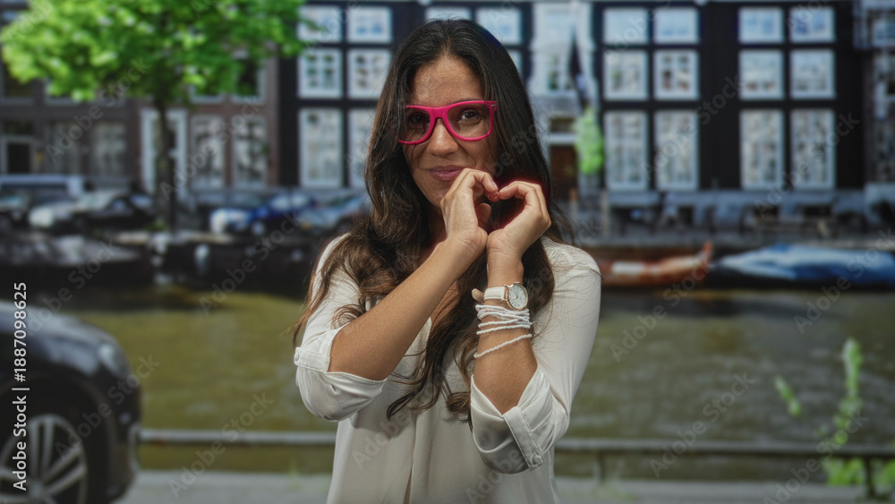 Fototapeta premium Woman wearing pink glasses forming a heart with hands on a street by an amsterdam canal, smiling; love connection.