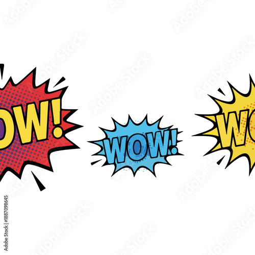 Three colorful comic book style WOW speech bubbles.