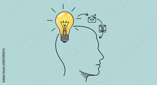 A creative mind with a lightbulb and email and web icons on a teal background