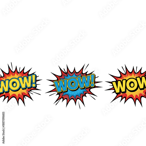 Three vibrant comic book style WOW speech bubbles with dynamic explosion effects.