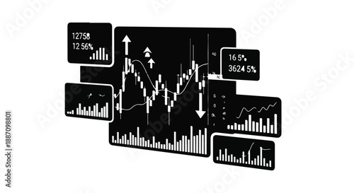 Business data analysis graphs and charts on computer screen in executive office with financial reports.