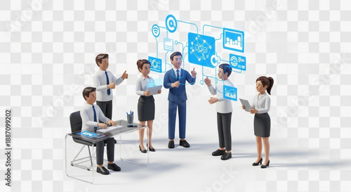 Business people discussing and analyzing data and statistics in a meeting room with digital screens