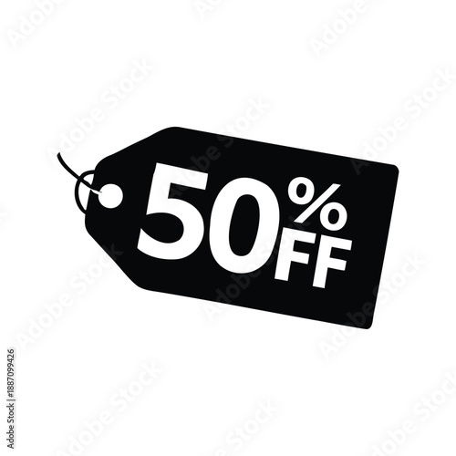 Prominent 50 percent off sale tag silhouette vector illustration, A black and white vector illustration of a 50 percent off sale tag