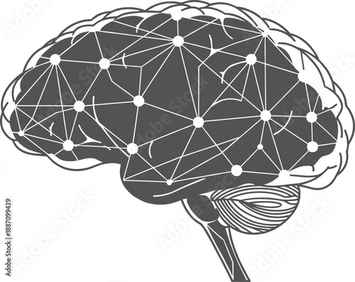 Human brain network vector illustration representing neural connections, artificial intelligence concept, digital neuroscience structure, modern technology design