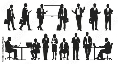 Silhouettes of business professionals in various office settings and actions