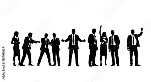 A group of business people in silhouette standing and interacting in various poses on a with gestures and movements