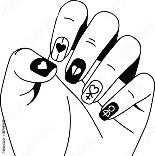 Elegant black valentines nails featuring stylish heart and feminine symbols, perfect for love themed graphic designs