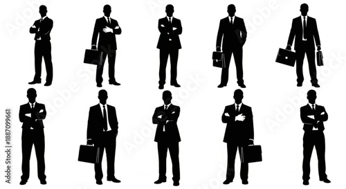 Collection of businessmen in various poses with briefcases in black silhouettes