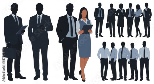 Silhouettes of business people in various poses and outfits