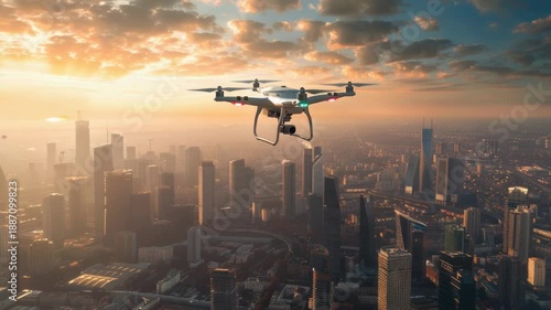 Video Aerial view of urban landscape during golden hour, suitable for use in advertising or stock footage