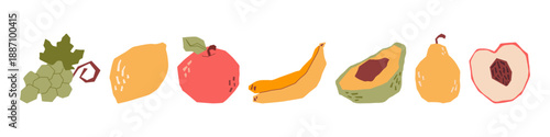 Set of colorful fruits in abstract minimal style. Icons of bright tropical fruits: avocado, banana, pear, grapes, apple, lemon and peach. Trendy vector design