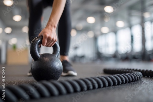 Person lifts kettlebell in gym during workout session