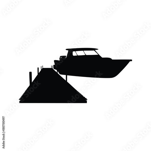 Boat docked at pier silhouette vector illustration, A black and white silhouette of a boat docked at a pier in a vector illustration