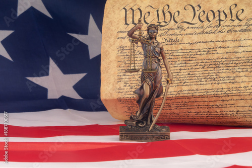 Obraz na płótnie Statue of Justice with American Flag and United States Constitution
